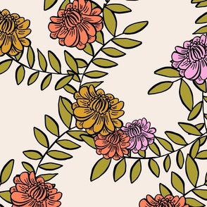 Hand-Drawn Camellia Flowers on Intertwined Vines in Mustard, Pink, and Salmon Hues // LARGE
