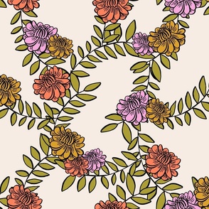 Hand-Drawn Camellia Flowers on Intertwined Vines in Mustard, Pink, and Salmon Hues // MEDIUM