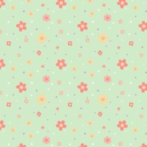 Coral Spring Coordinate - A Light Green Canvas with Yellow, Coral, and Pink Floral  Blooms