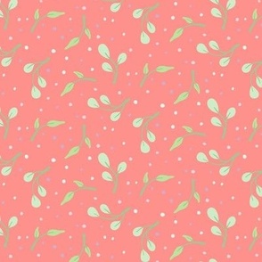 Coral Spring Coordinate Foliage: Light Green Leaves on a Vibrant Coral Canvas