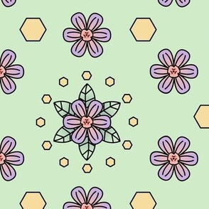 Blooming Hexagons: Floral Harmony on Light Green Coordinate for Bee Happy - Blossoms and Bees