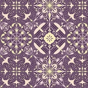 East fork butter and piglet mandala tiles with Shashiko effect on orchid purple  6” repeat