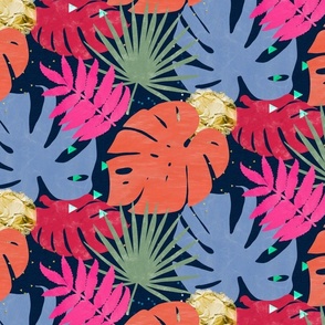 Colorful Tropical Leaves with Blue and Gold - Medium Scale