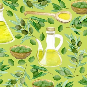 Olive tree branches, olives in plate, olive oil, watercolour illustration. Seamless floral pattern-230.