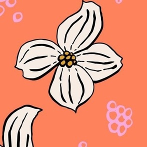 White Dogwood Flowers and Pink Dots on bright salmon// Elegant Floral // LARGE