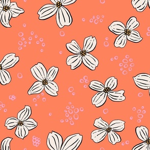 White Dogwood Flowers and Pink Dots on bright salmon// Elegant Floral // MEDIUM