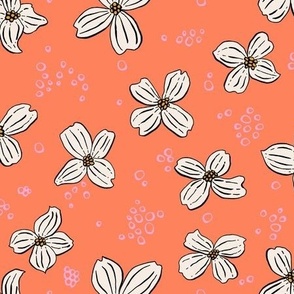 White Dogwood Flowers and Pink Dots on bright salmon// Elegant Floral // SMALL
