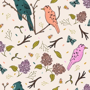 Spring Bird and Botanical Pattern with Blue and Pink Birds, Twigs, Beetles, Lilac Buds, and Polka Dots on Cream Background // LARGE