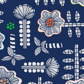 Daisy May Retro Fun Playful Hand-Drawn Floral Botanical with Checkered Leaves, Striped Stems and Dots in Gray and Bright Multi-Colours on Dark Blue - LARGE Scale - UnBlink Studio by Jackie Tahara