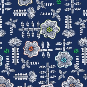 Daisy May Retro Fun Playful Hand-Drawn Floral Botanical with Checkered Leaves, Striped Stems and Dots in Gray and Bright Multi-Colours on Dark Blue - MEDIUM Scale - UnBlink Studio by Jackie Tahara