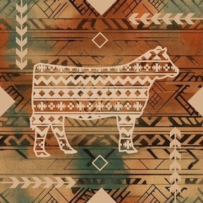 Show Heifer - Farm Theme - Southwestern Native American Pattern - Browns,Tan,Earthtones