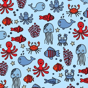 Happy Ocean Animals // Red and Blue