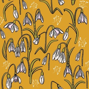 Snowdrop Flowers on Mustard Yellow Background - Hand-Drawn Botanical Pattern with Delicate Details // MEDIUM