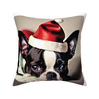 Santa Boston Terrier dog with santa hat and a green collar 16.5x16.5 inch pannel