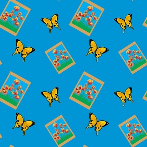 Smaller yellow butterfly flowers blue background