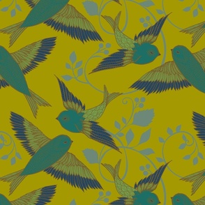 Turquoise Birds on Pear - large scale