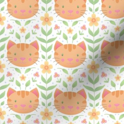 Ginger Kitty in a Blooming Garden: Happy Kawaii Ginger Cat With Flower Vines