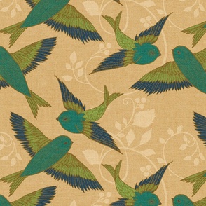 Blue Green Birds on Linen - large