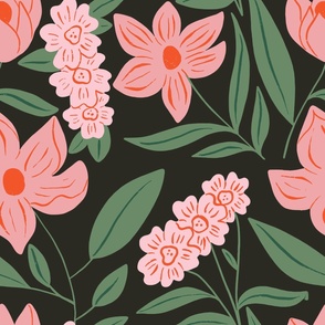 Enchanted Garden: Pink and Green Floral Pattern on Dark Grey Background // LARGE