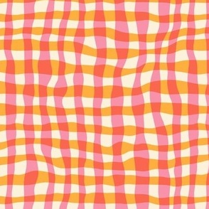 Medium  scale Wonky cheerful check plaid tartan gingham buffalo plaid, hot orange and bold pink, for kids apparel, shirts, dresses, table linen, patchwork quilts