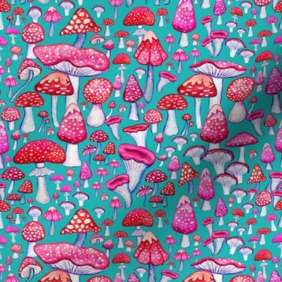 pink  and red mushrooms on teal  painted in watercolor  