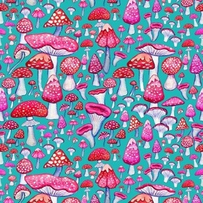 pink  and red mushrooms on teal  painted in watercolor  