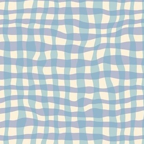 Medium scale Wonky cheerful check plaid tartan gingham buffalo plaid, periwinkle purple blue and aqua ocean green, for kids apparel, shirts, dresses, table linen, patchwork quilts