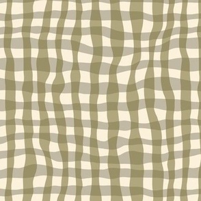 Medium scale Wonky cheerful check plaid tartan gingham buffalo plaid, khaki and grey, for kids apparel, shirts, dresses, table linen, patchwork quilts