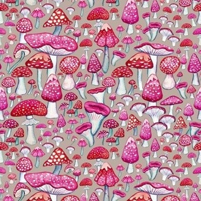 pink  and red mushrooms on brown painted in watercolor  