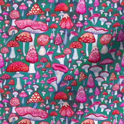 pink  and red mushrooms on green painted in watercolor  