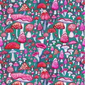 pink  and red mushrooms on green painted in watercolor  