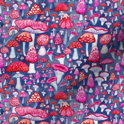 pink and red mushrooms on blue watercolor 