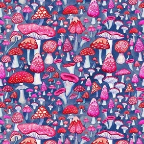 pink and red mushrooms on blue watercolor 