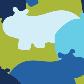 Hippopotamus Following Hippos  Blue tones on Green Kids Bedroom - medium