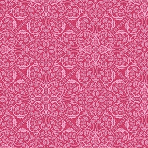 Bright pink tone on tone maximalist antique floral wallpaper for festive season.