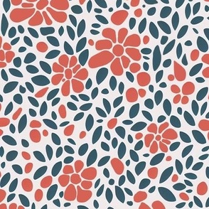 Stamped Floral Pattern of Salmon Pink and Petrol Blue Petals