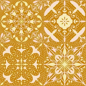 East fork butter and piglet mandala tiles with Shashiko effect on Amber jonquil honeycomb yellow 12”  repeat