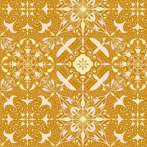 East fork butter and piglet mandala tiles with Shashiko effect on honeycomb jonquil yellow  6”   repeat