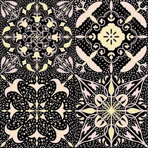 East fork butter yellow and piglet pink mandala tiles with Shashiko embroidered effect on black  12”  repeat