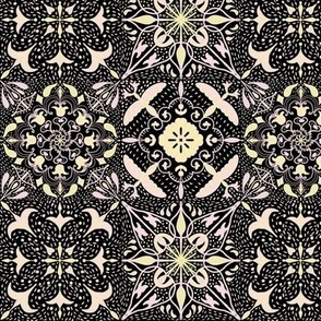 East fork butter and piglet mandala tiles with Shashiko effect on black  6”repeat