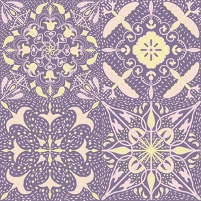 East fork butter yellow and piglet pinkmandala tiles with Shashiko embroidered effect on dark lilac   12”  repeat