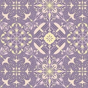 East fork butter and piglet mandala tiles with Shashiko effect on dark lilac   6” repeat