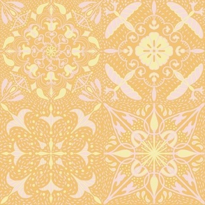 East fork butter and piglet mandala tiles with Shashiko effect on jonquil gold    12”  repeat