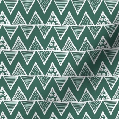 Smaller Scale Tribal Triangle ZigZag Stripes White on Pine Green