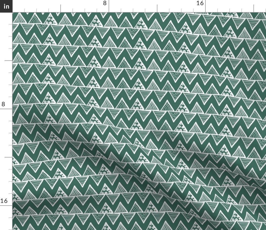 Smaller Scale Tribal Triangle ZigZag Stripes White on Pine Green