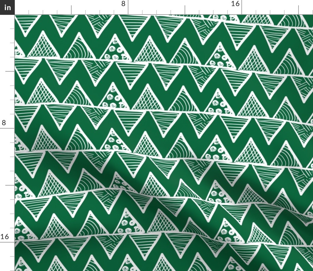 Bigger Scale Tribal Triangle ZigZag Stripes White on Emerald Green