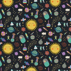 Colorful galaxy and space themed novelty print for kids room wall paper - cartoon style on black - medium scale .