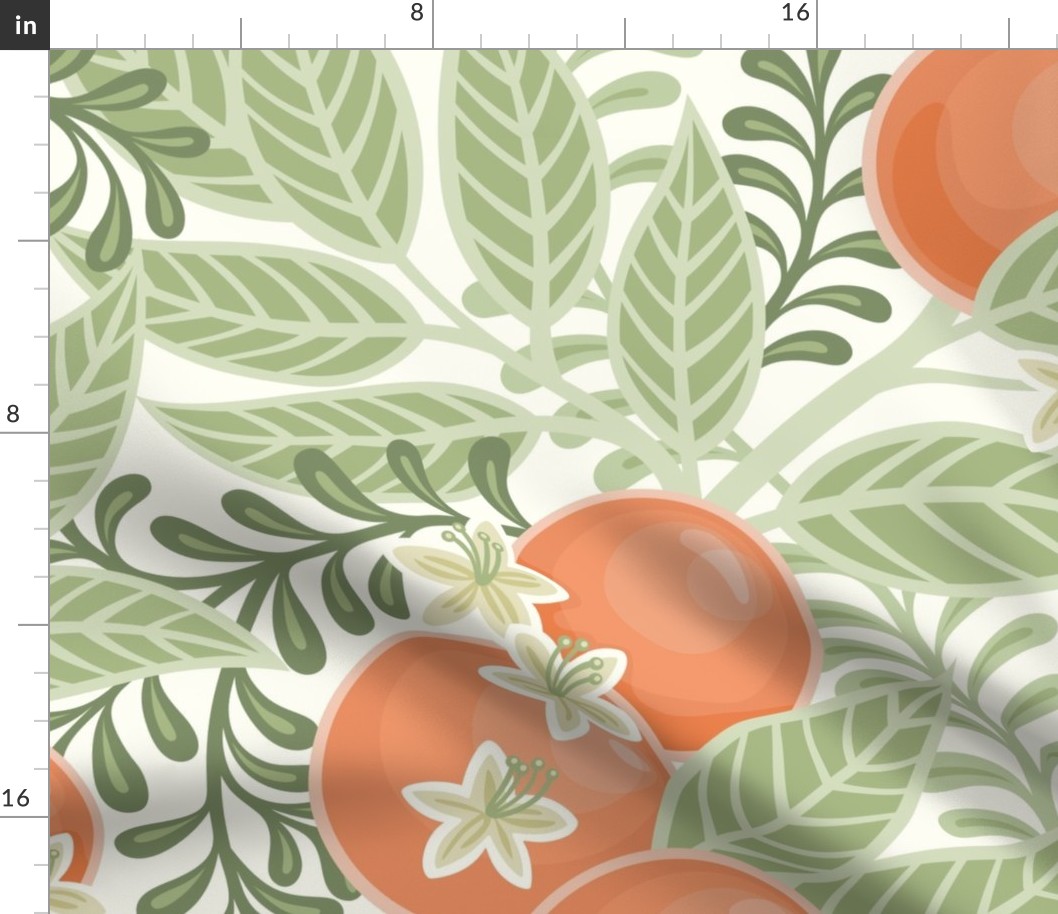 Orange Grove- Orange Orchard- Citrus Tree- Oranges- Tropical Fruit- Soft Orange and Green- Botanical Wallpaper Extra Large