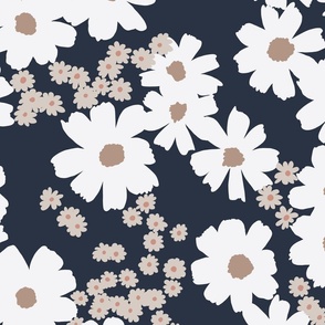 Big | Summer Floral Dipsy Daisy Flower Design with Abstract White and Beige Daisies on Dark Blue Background Botanical Pattern In Minimalistic Scandinavian Style for Garden Upholstery, Bathroom Wallpaper and Kids Clothing Fabric Projects