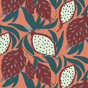 tropical dragon fruit and leaves - peach orang background